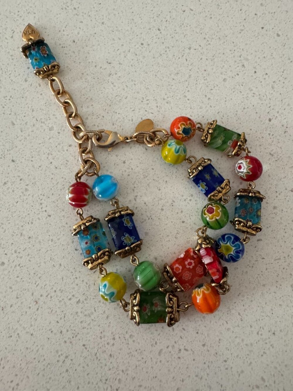 Sweet Romance Millefiori Glass Rainbow Two Strand Bracelet EUC